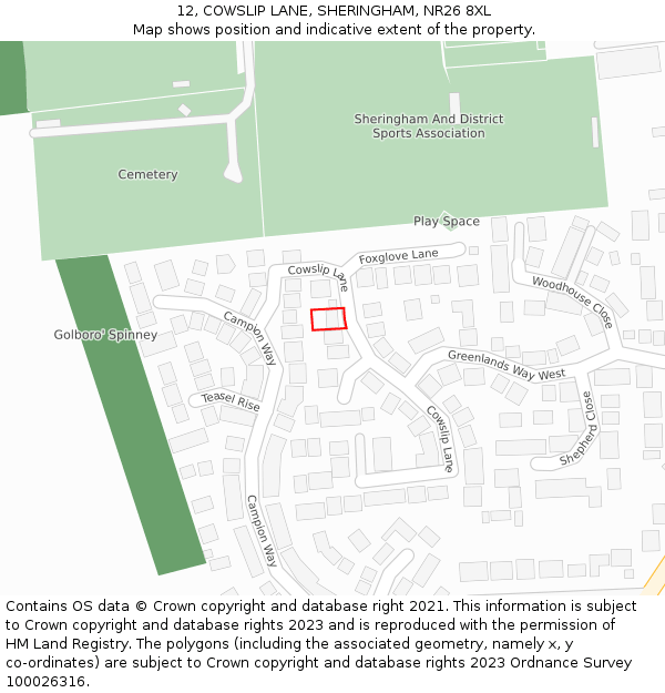 12, COWSLIP LANE, SHERINGHAM, NR26 8XL: Location map and indicative extent of plot