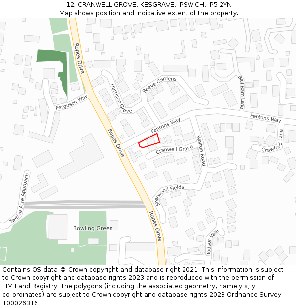 12, CRANWELL GROVE, KESGRAVE, IPSWICH, IP5 2YN: Location map and indicative extent of plot