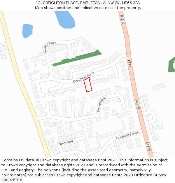 12, CREIGHTON PLACE, EMBLETON, ALNWICK, NE66 3FA: Location map and indicative extent of plot