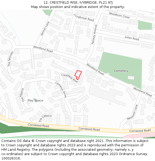 12, CRESTFIELD RISE, IVYBRIDGE, PL21 9TJ: Location map and indicative extent of plot