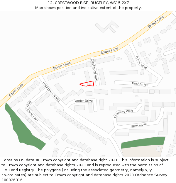 12, CRESTWOOD RISE, RUGELEY, WS15 2XZ: Location map and indicative extent of plot