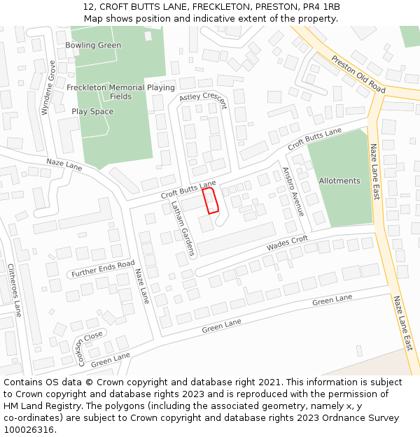 12, CROFT BUTTS LANE, FRECKLETON, PRESTON, PR4 1RB: Location map and indicative extent of plot