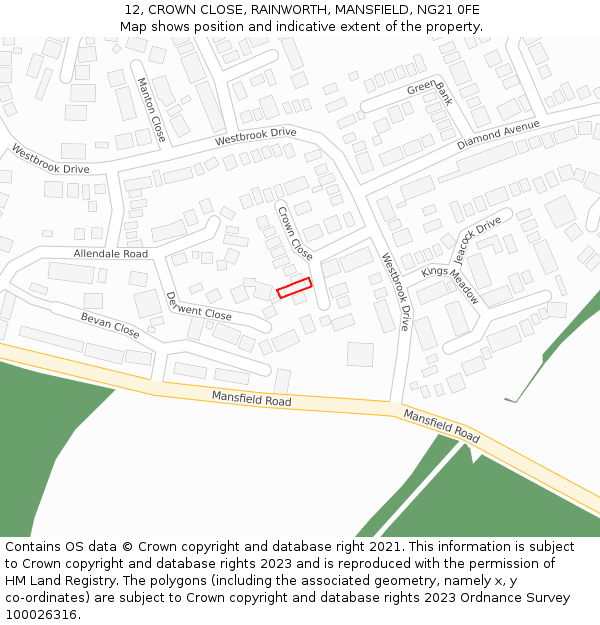 12, CROWN CLOSE, RAINWORTH, MANSFIELD, NG21 0FE: Location map and indicative extent of plot