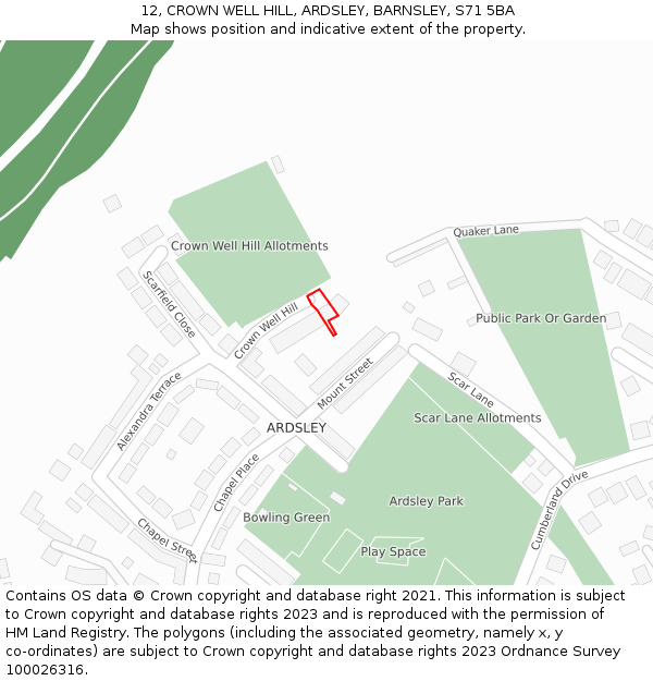 12, CROWN WELL HILL, ARDSLEY, BARNSLEY, S71 5BA: Location map and indicative extent of plot