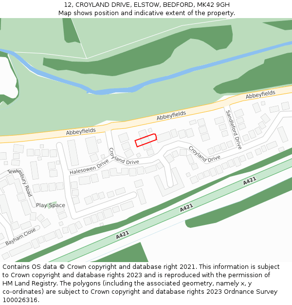 12, CROYLAND DRIVE, ELSTOW, BEDFORD, MK42 9GH: Location map and indicative extent of plot