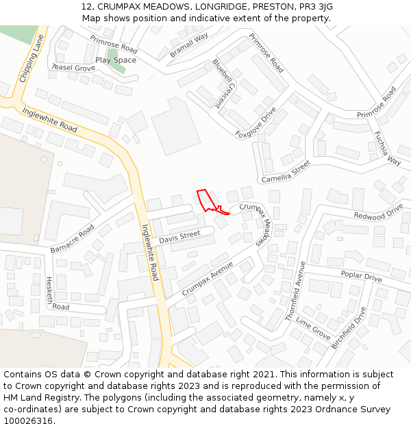 12, CRUMPAX MEADOWS, LONGRIDGE, PRESTON, PR3 3JG: Location map and indicative extent of plot
