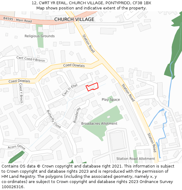12, CWRT YR EFAIL, CHURCH VILLAGE, PONTYPRIDD, CF38 1BX: Location map and indicative extent of plot