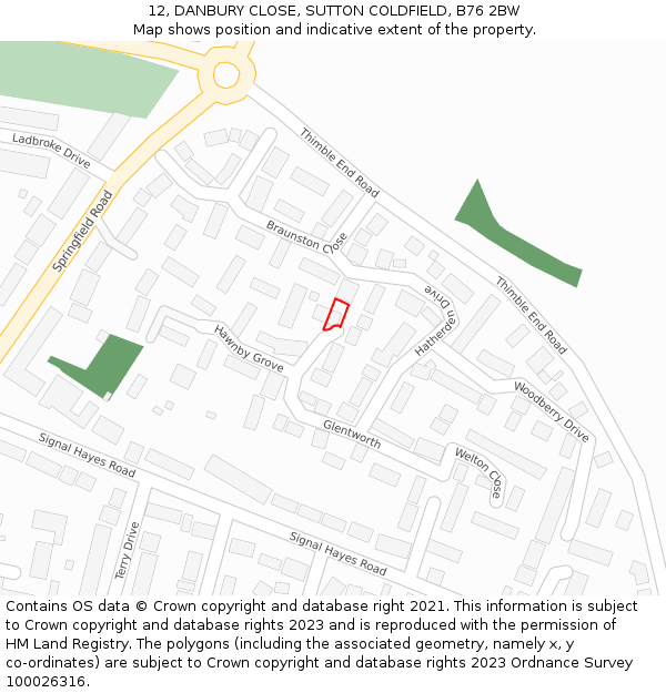 12, DANBURY CLOSE, SUTTON COLDFIELD, B76 2BW: Location map and indicative extent of plot
