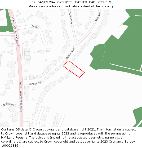 12, DANES WAY, OXSHOTT, LEATHERHEAD, KT22 0LX: Location map and indicative extent of plot