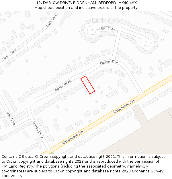 12, DARLOW DRIVE, BIDDENHAM, BEDFORD, MK40 4AX: Location map and indicative extent of plot