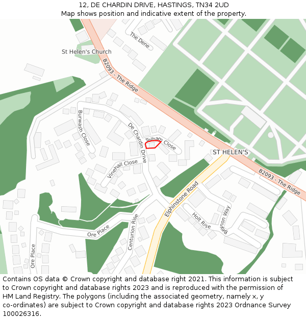 12, DE CHARDIN DRIVE, HASTINGS, TN34 2UD: Location map and indicative extent of plot