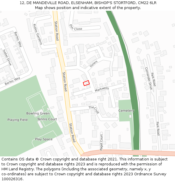 12, DE MANDEVILLE ROAD, ELSENHAM, BISHOP'S STORTFORD, CM22 6LR: Location map and indicative extent of plot