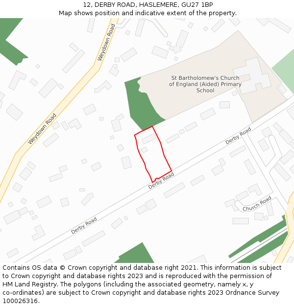 12, DERBY ROAD, HASLEMERE, GU27 1BP: Location map and indicative extent of plot