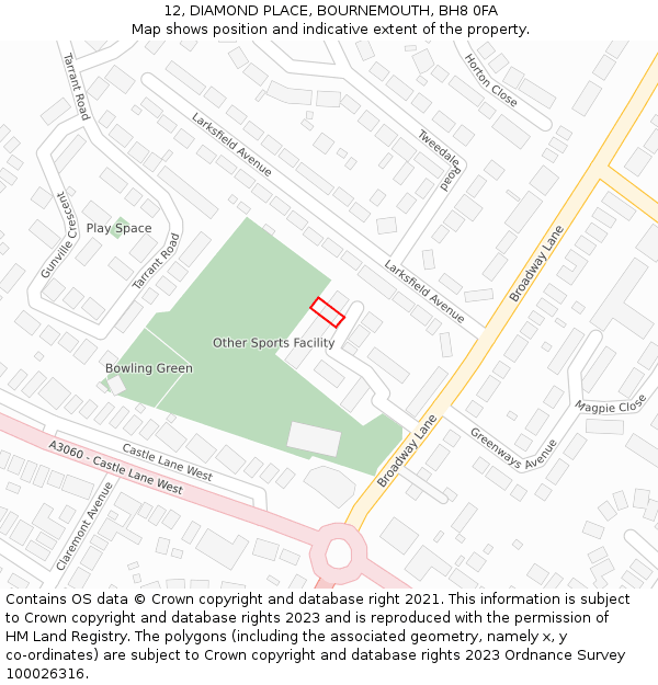 12, DIAMOND PLACE, BOURNEMOUTH, BH8 0FA: Location map and indicative extent of plot