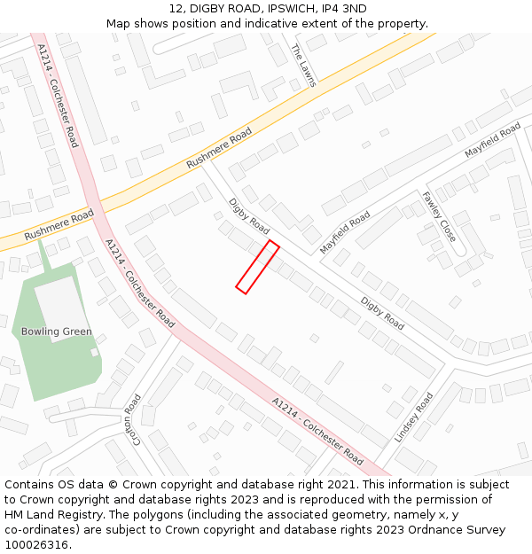 12, DIGBY ROAD, IPSWICH, IP4 3ND: Location map and indicative extent of plot