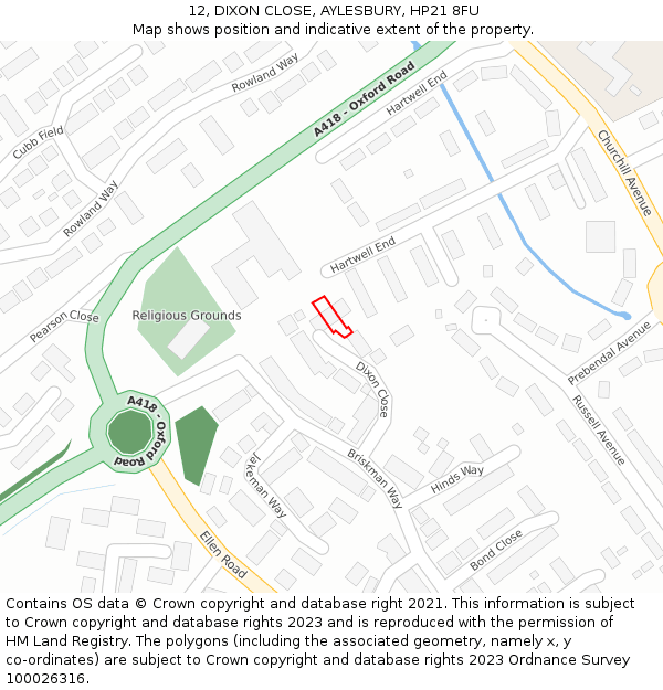 12, DIXON CLOSE, AYLESBURY, HP21 8FU: Location map and indicative extent of plot