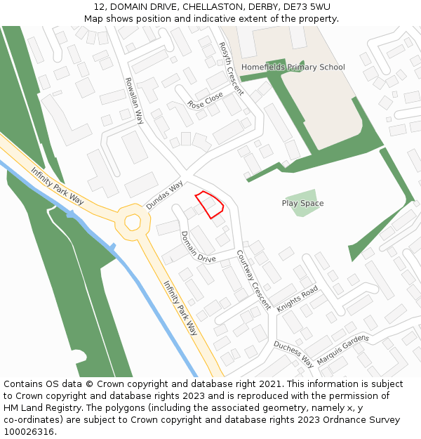 12, DOMAIN DRIVE, CHELLASTON, DERBY, DE73 5WU: Location map and indicative extent of plot