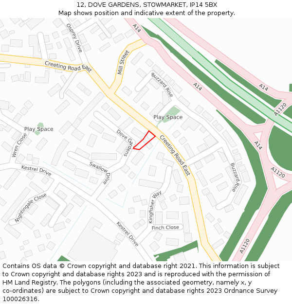 12, DOVE GARDENS, STOWMARKET, IP14 5BX: Location map and indicative extent of plot
