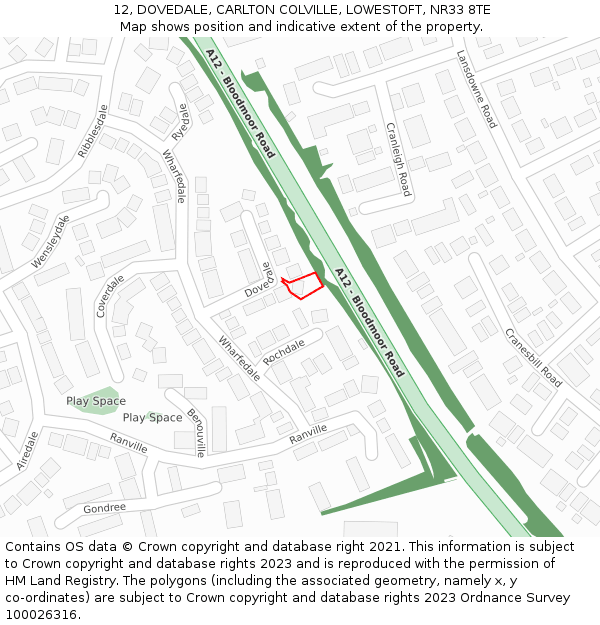 12, DOVEDALE, CARLTON COLVILLE, LOWESTOFT, NR33 8TE: Location map and indicative extent of plot