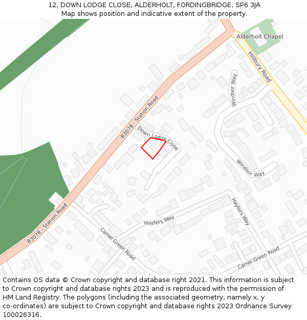 12, DOWN LODGE CLOSE, ALDERHOLT, FORDINGBRIDGE, SP6 3JA: Location map and indicative extent of plot
