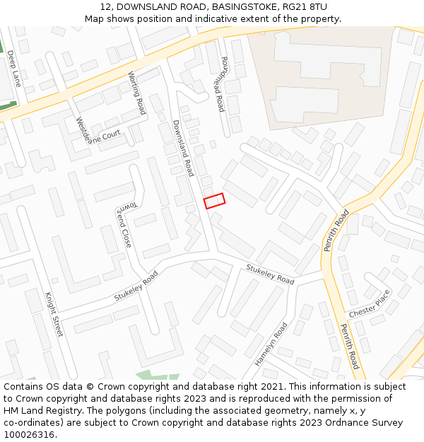 12, DOWNSLAND ROAD, BASINGSTOKE, RG21 8TU: Location map and indicative extent of plot