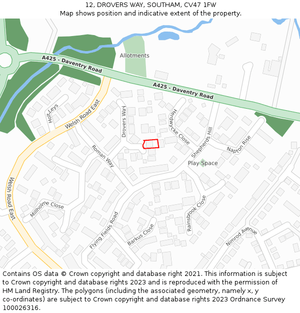 12, DROVERS WAY, SOUTHAM, CV47 1FW: Location map and indicative extent of plot