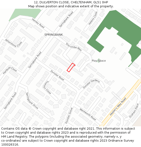 12, DULVERTON CLOSE, CHELTENHAM, GL51 0HP: Location map and indicative extent of plot