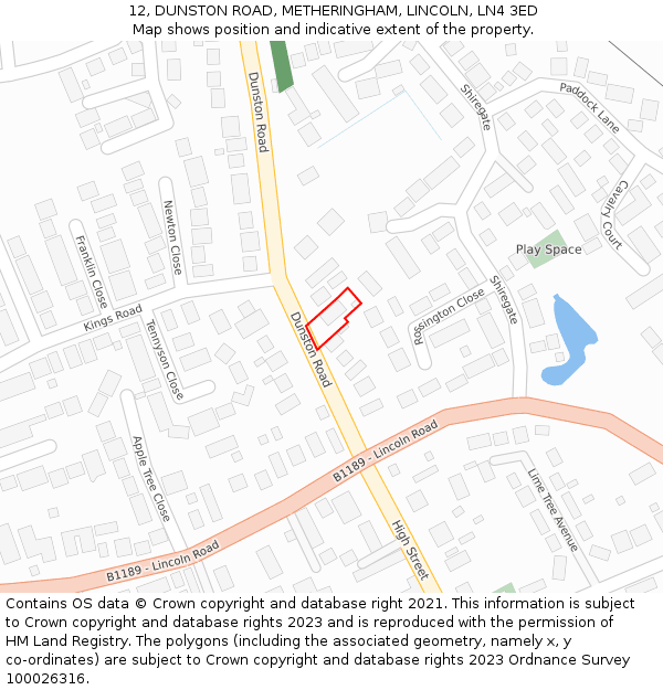 12, DUNSTON ROAD, METHERINGHAM, LINCOLN, LN4 3ED: Location map and indicative extent of plot
