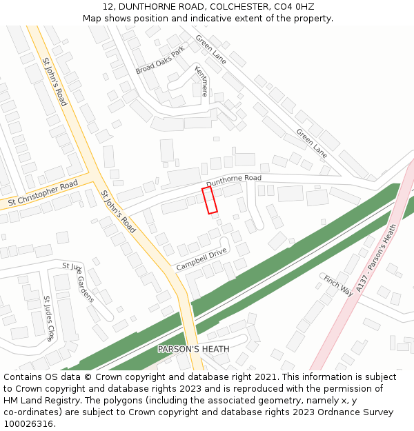 12, DUNTHORNE ROAD, COLCHESTER, CO4 0HZ: Location map and indicative extent of plot