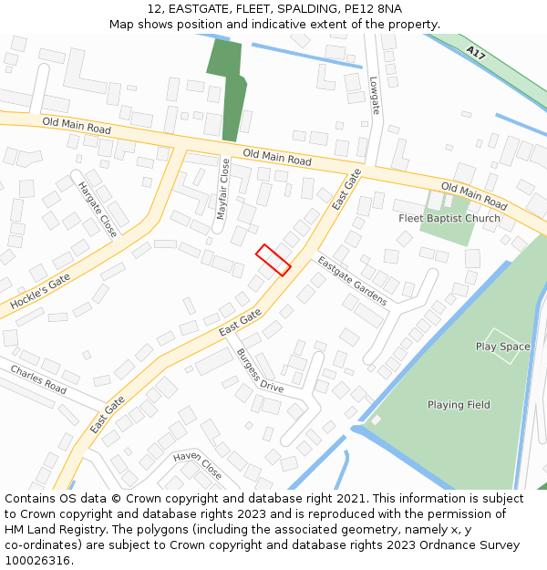 12, EASTGATE, FLEET, SPALDING, PE12 8NA: Location map and indicative extent of plot