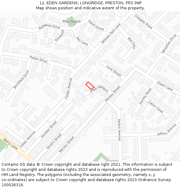 12, EDEN GARDENS, LONGRIDGE, PRESTON, PR3 3WF: Location map and indicative extent of plot