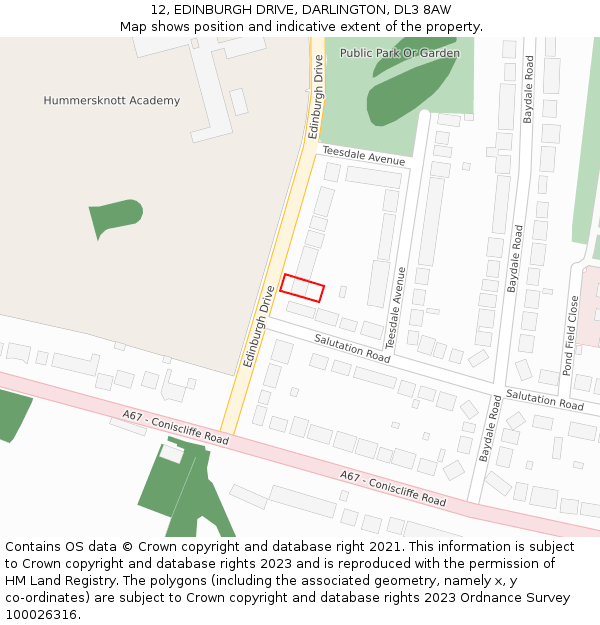 12, EDINBURGH DRIVE, DARLINGTON, DL3 8AW: Location map and indicative extent of plot