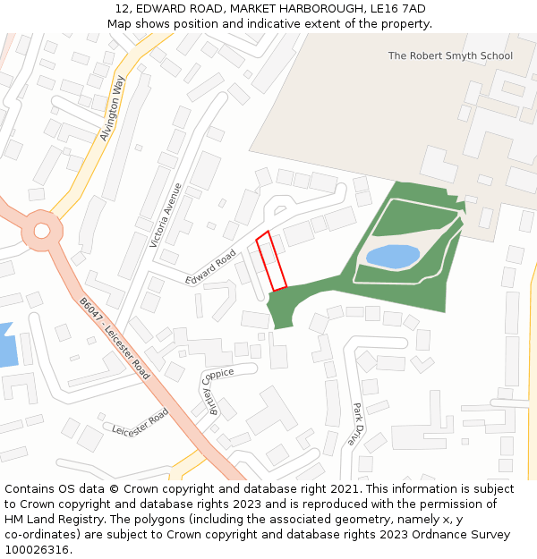 12, EDWARD ROAD, MARKET HARBOROUGH, LE16 7AD: Location map and indicative extent of plot