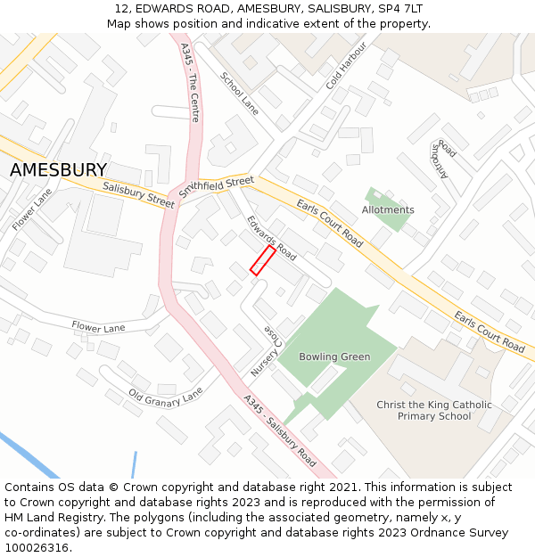 12, EDWARDS ROAD, AMESBURY, SALISBURY, SP4 7LT: Location map and indicative extent of plot