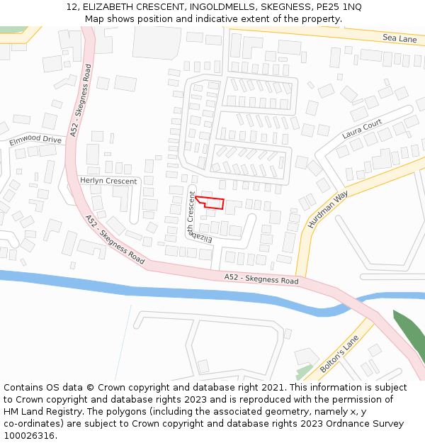 12, ELIZABETH CRESCENT, INGOLDMELLS, SKEGNESS, PE25 1NQ: Location map and indicative extent of plot