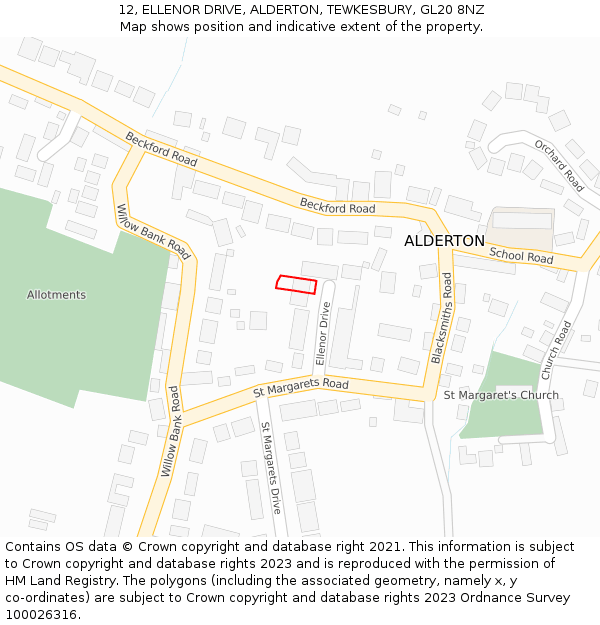 12, ELLENOR DRIVE, ALDERTON, TEWKESBURY, GL20 8NZ: Location map and indicative extent of plot