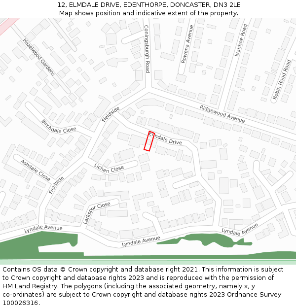 12, ELMDALE DRIVE, EDENTHORPE, DONCASTER, DN3 2LE: Location map and indicative extent of plot