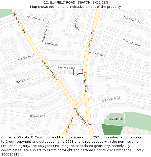 12, ELMFIELD ROAD, SEATON, EX12 2EG: Location map and indicative extent of plot