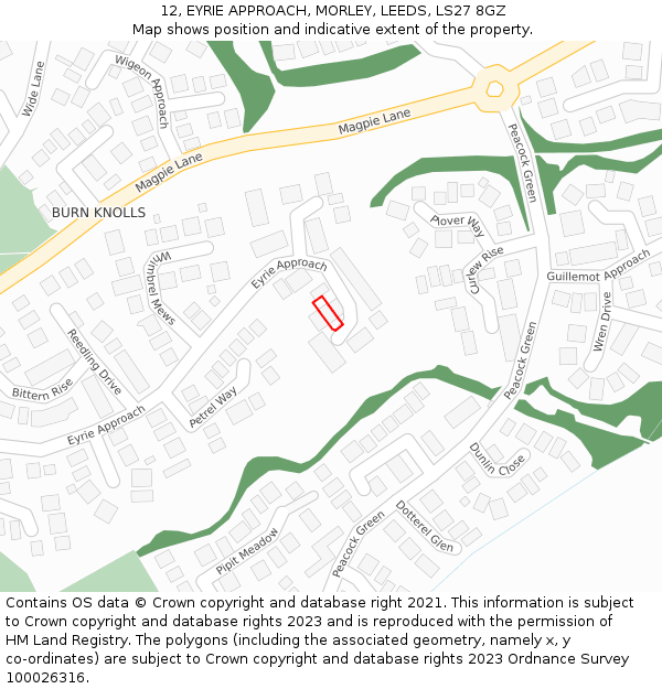 12, EYRIE APPROACH, MORLEY, LEEDS, LS27 8GZ: Location map and indicative extent of plot