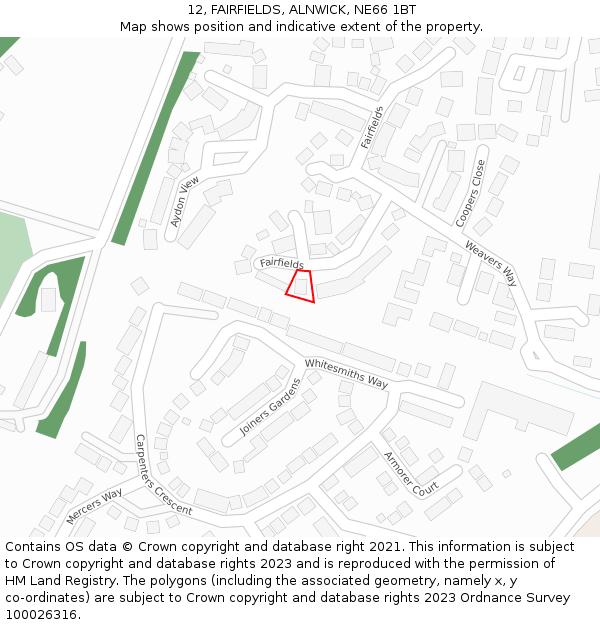 12, FAIRFIELDS, ALNWICK, NE66 1BT: Location map and indicative extent of plot