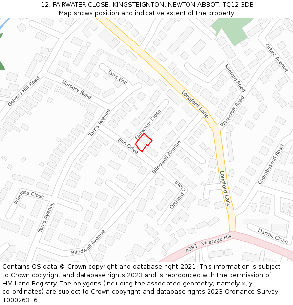 12, FAIRWATER CLOSE, KINGSTEIGNTON, NEWTON ABBOT, TQ12 3DB: Location map and indicative extent of plot