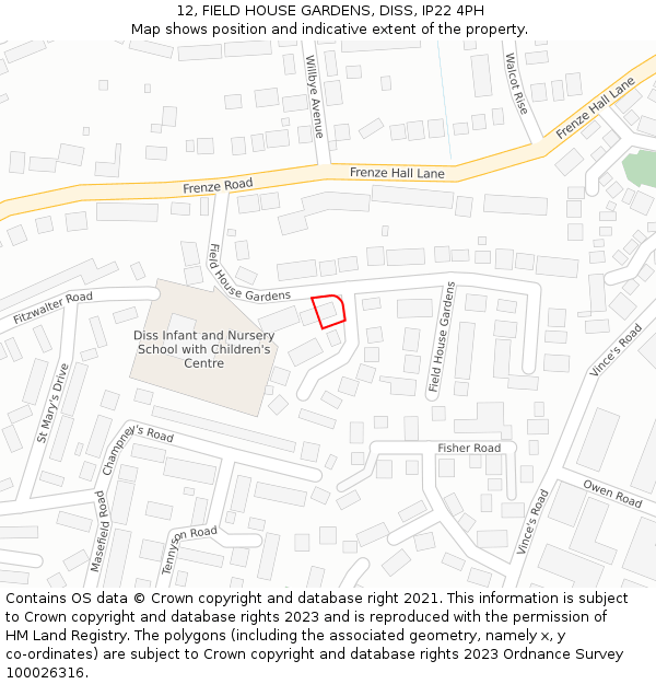 12, FIELD HOUSE GARDENS, DISS, IP22 4PH: Location map and indicative extent of plot