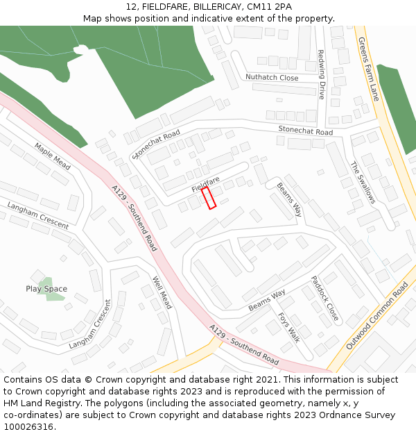 12, FIELDFARE, BILLERICAY, CM11 2PA: Location map and indicative extent of plot