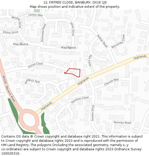 12, FIRTREE CLOSE, BANBURY, OX16 1JS: Location map and indicative extent of plot