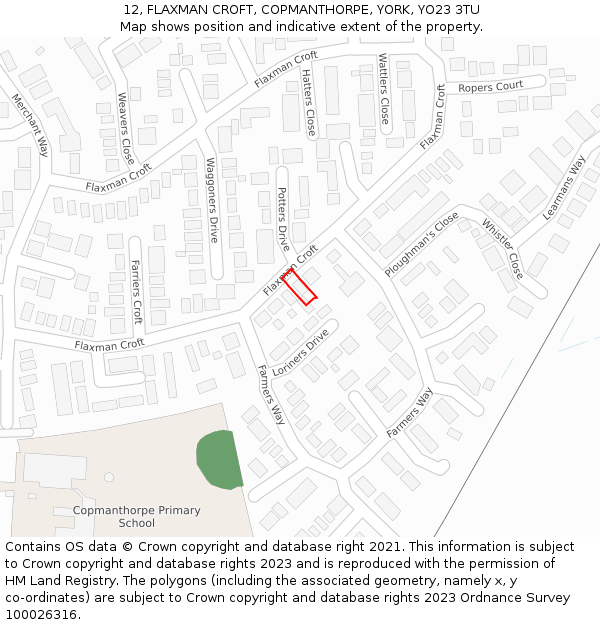 12, FLAXMAN CROFT, COPMANTHORPE, YORK, YO23 3TU: Location map and indicative extent of plot