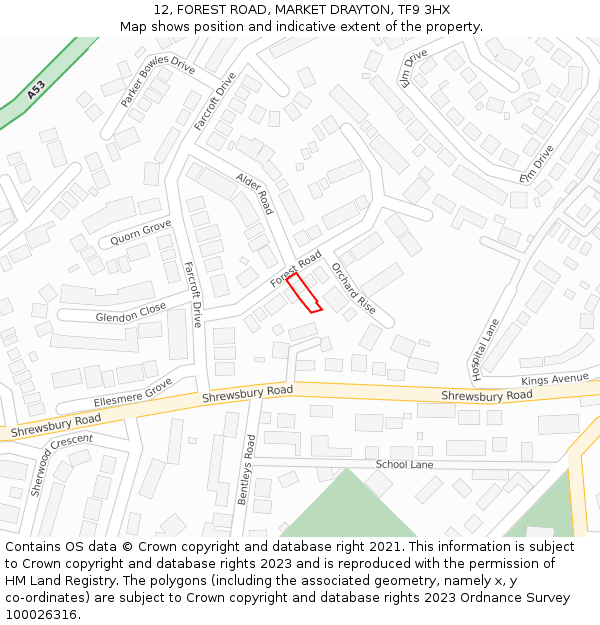 12, FOREST ROAD, MARKET DRAYTON, TF9 3HX: Location map and indicative extent of plot