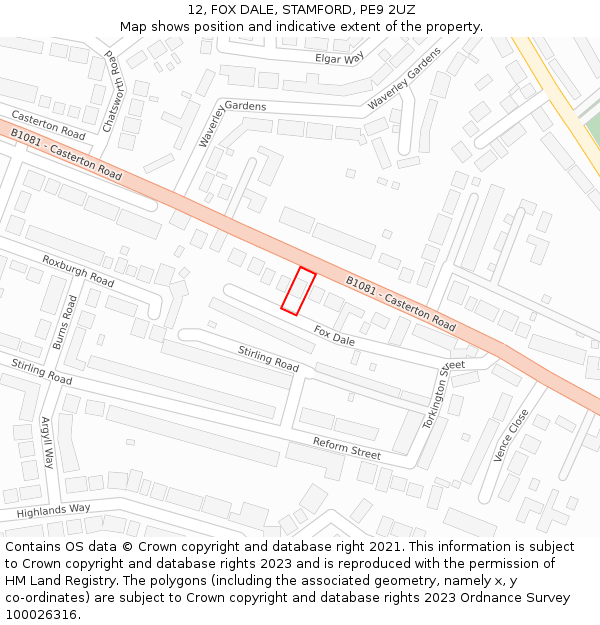 12, FOX DALE, STAMFORD, PE9 2UZ: Location map and indicative extent of plot