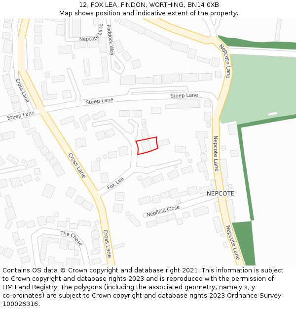 12, FOX LEA, FINDON, WORTHING, BN14 0XB: Location map and indicative extent of plot