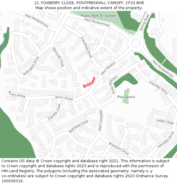 12, FOXBERRY CLOSE, PONTPRENNAU, CARDIFF, CF23 8NR: Location map and indicative extent of plot