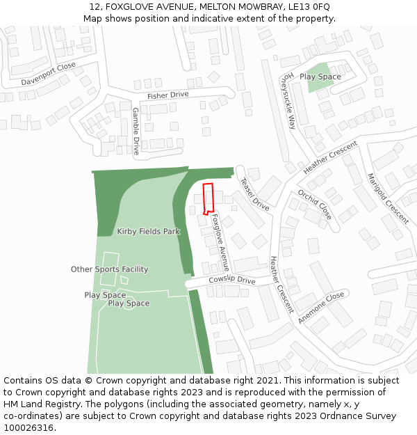 12, FOXGLOVE AVENUE, MELTON MOWBRAY, LE13 0FQ: Location map and indicative extent of plot